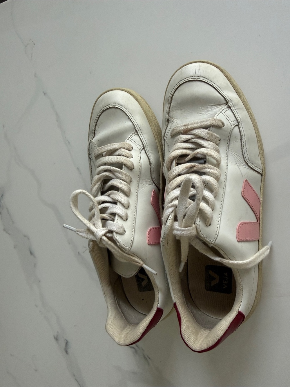 Veja Women's White Leather Sneakers with Pink V Accent